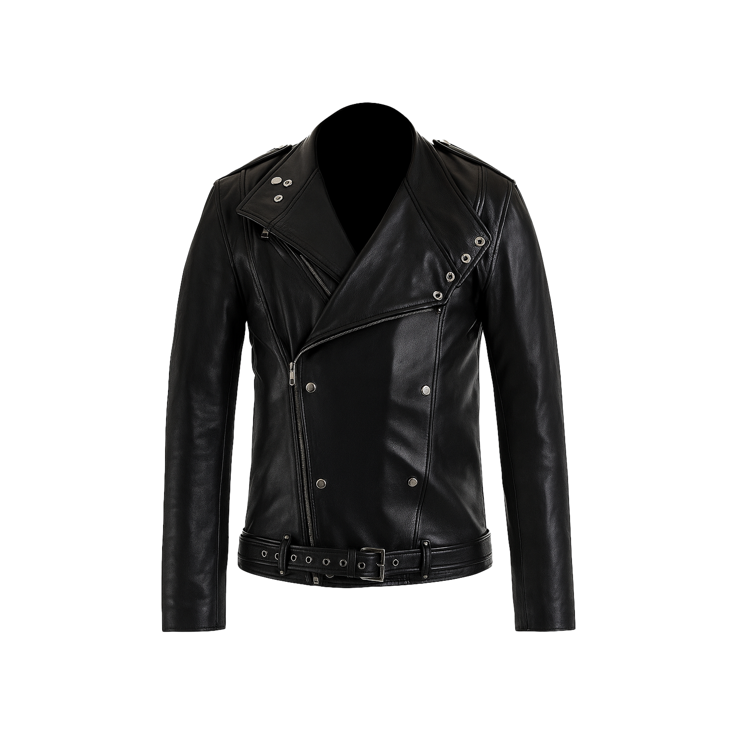 Black leather jacket on a white background