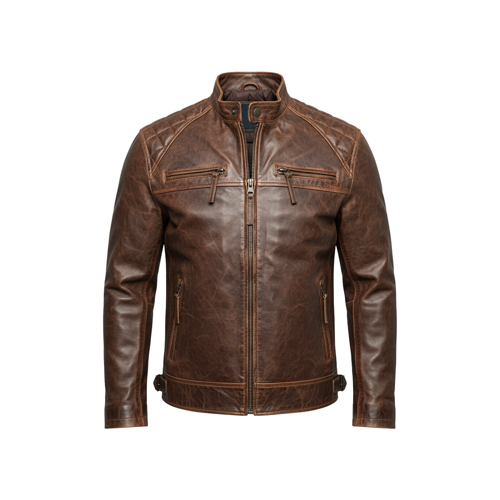 Brown leather jacket on a white background