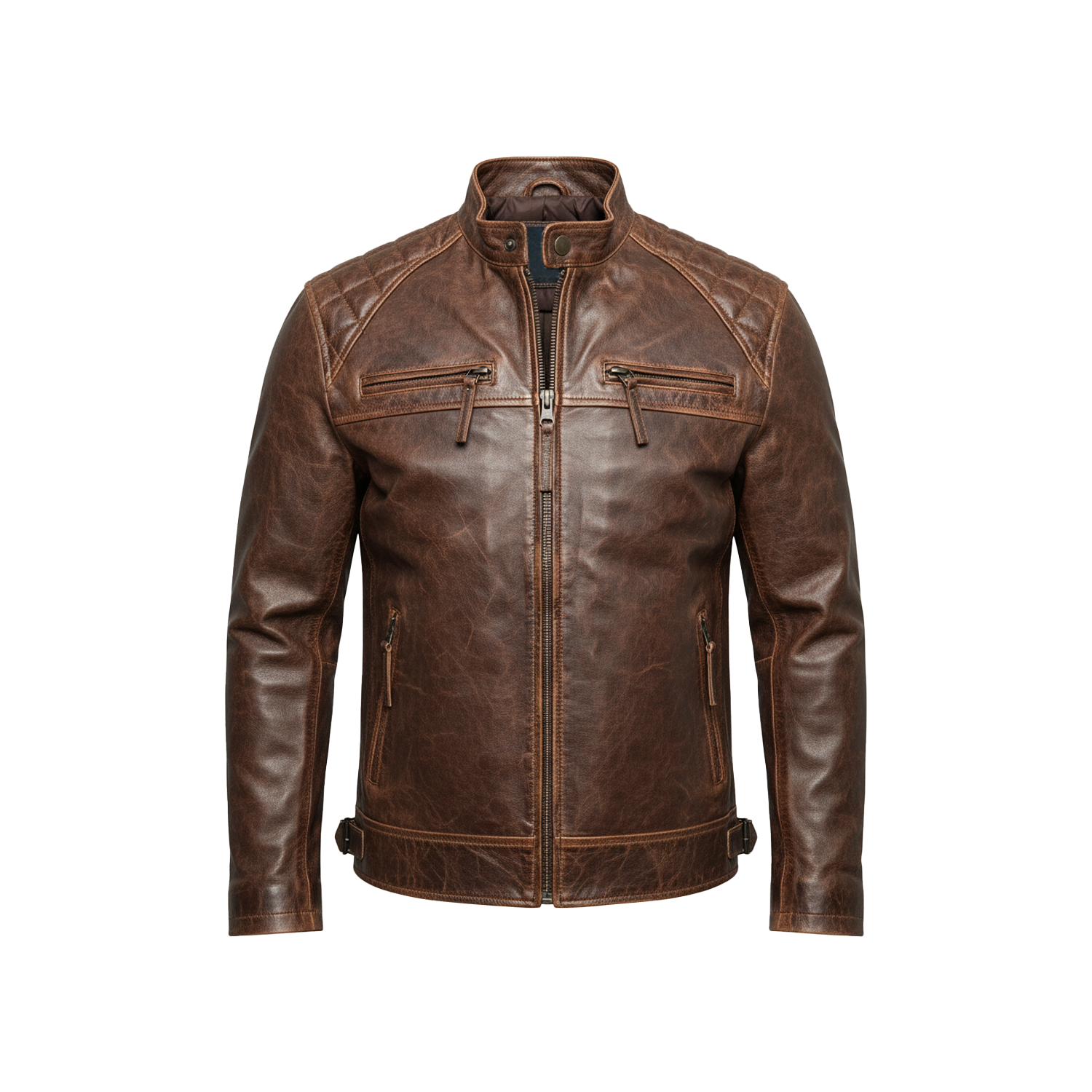 Brown leather jacket on a white background