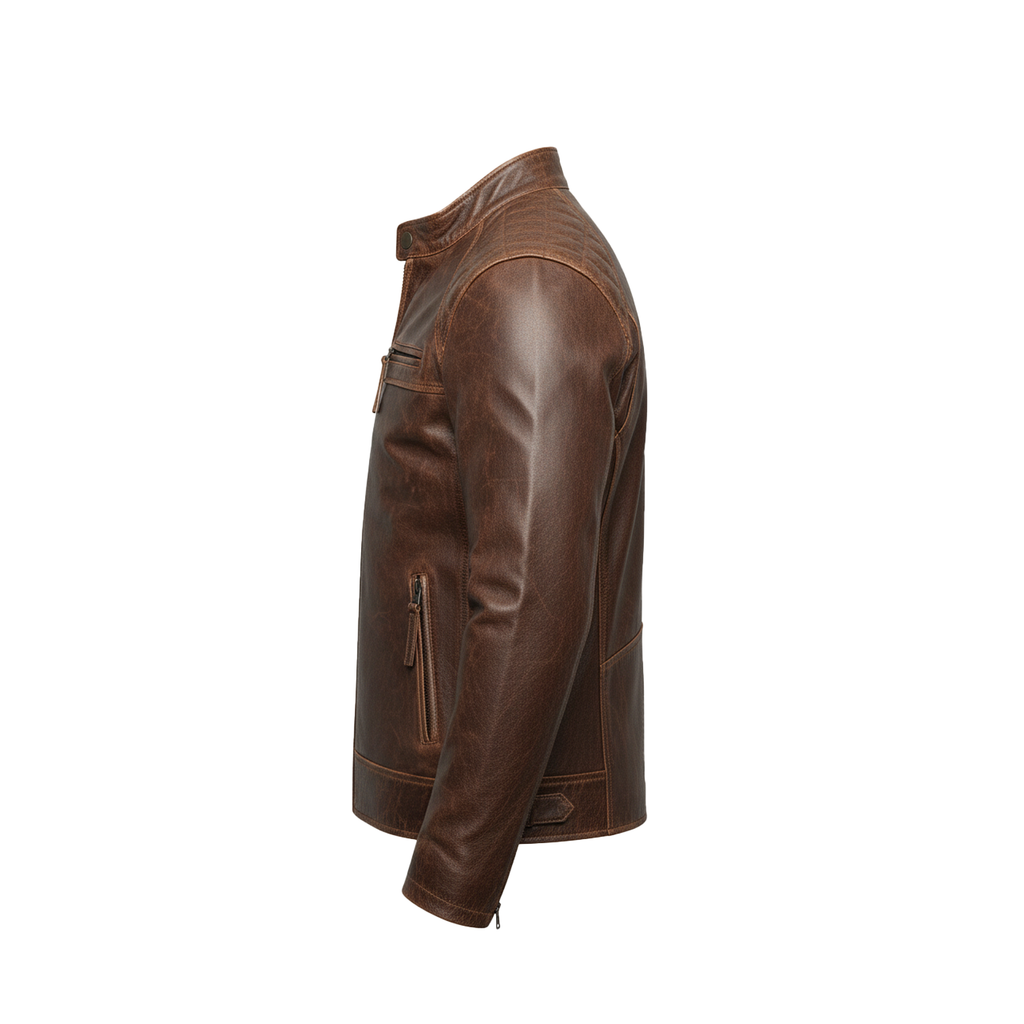 Brown leather jacket on a white background