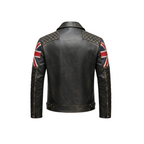 Black leather jacket with Union Jack designs on sleeves on a white background
