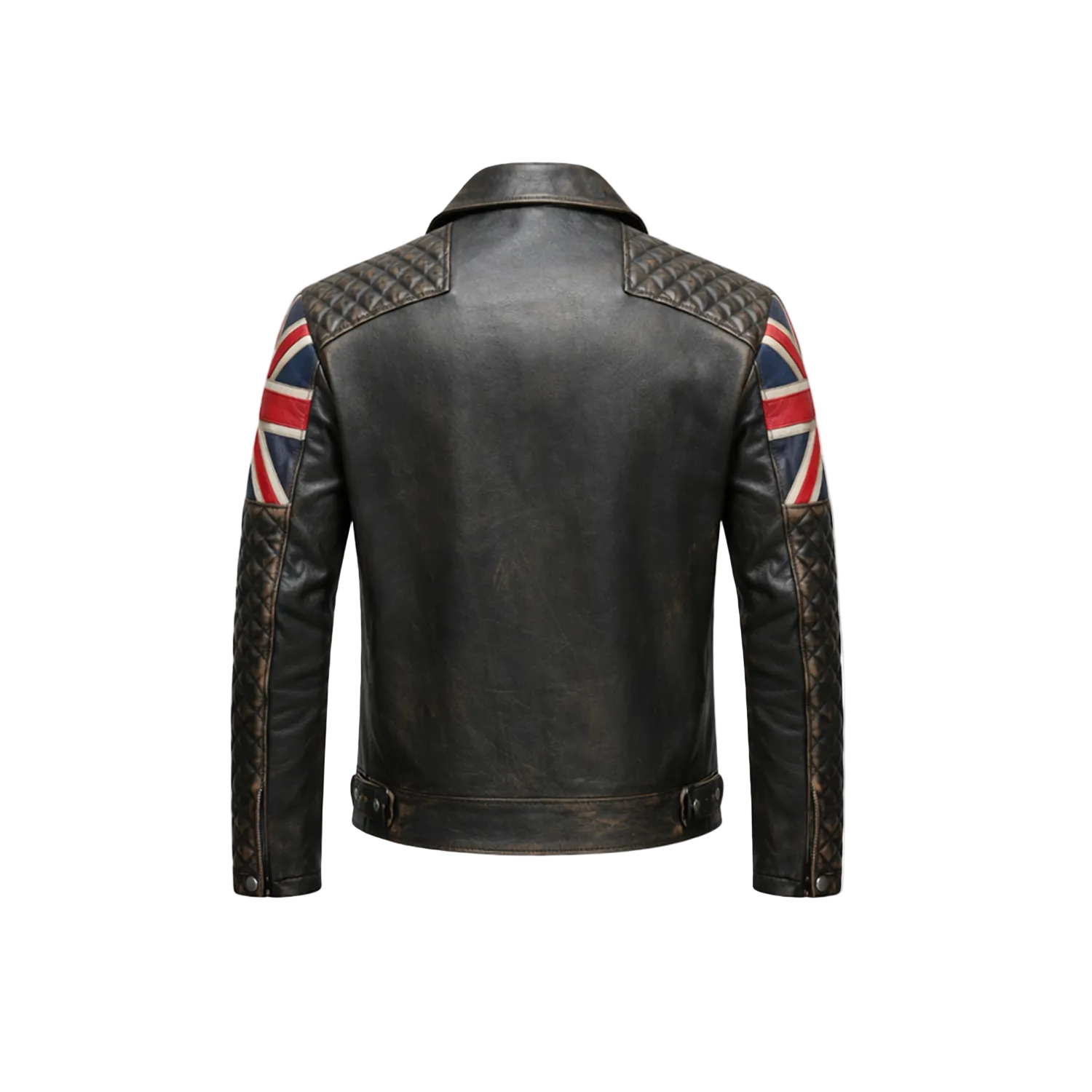 Black leather jacket with Union Jack designs on sleeves on a white background