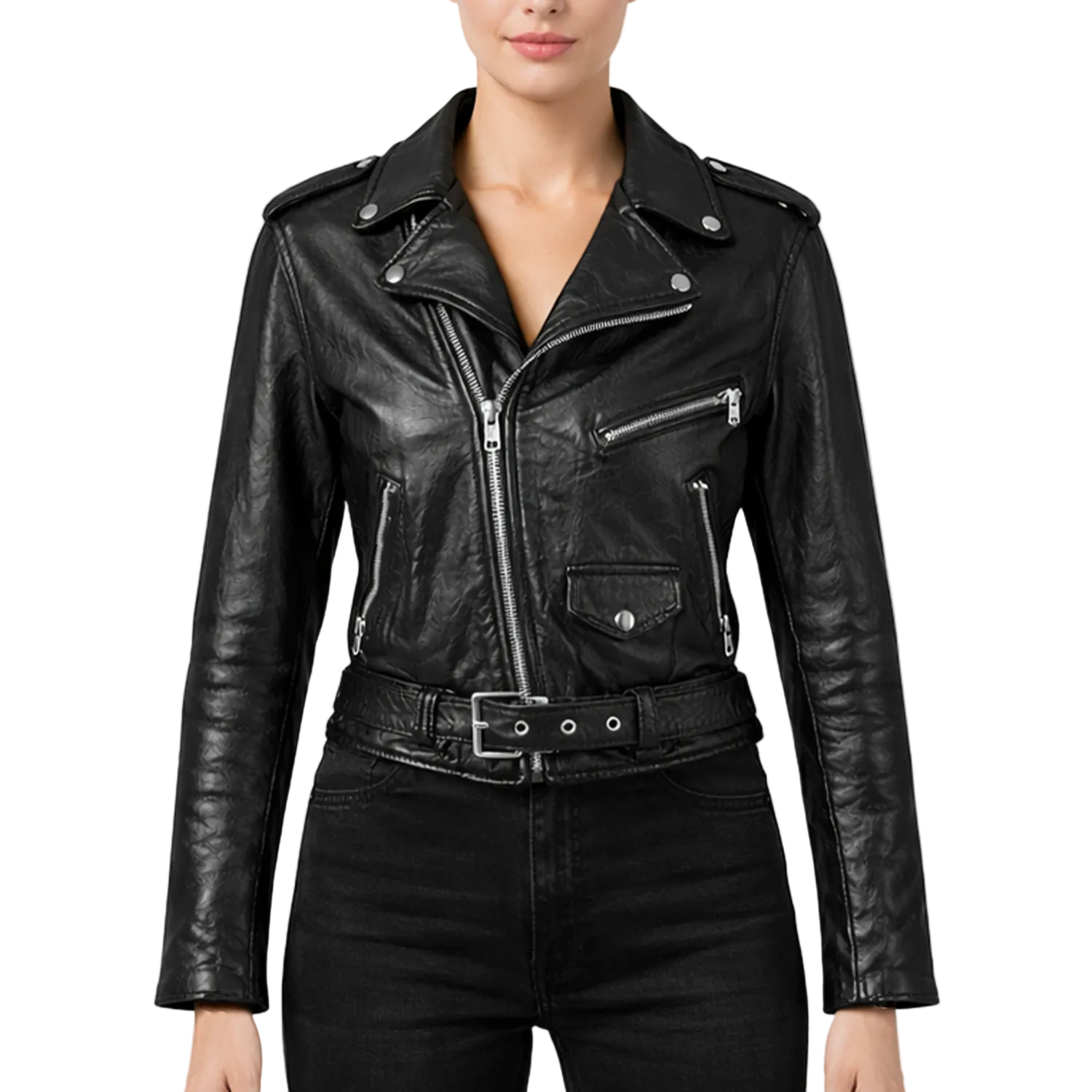 Black leather jacket worn by a model on a white background