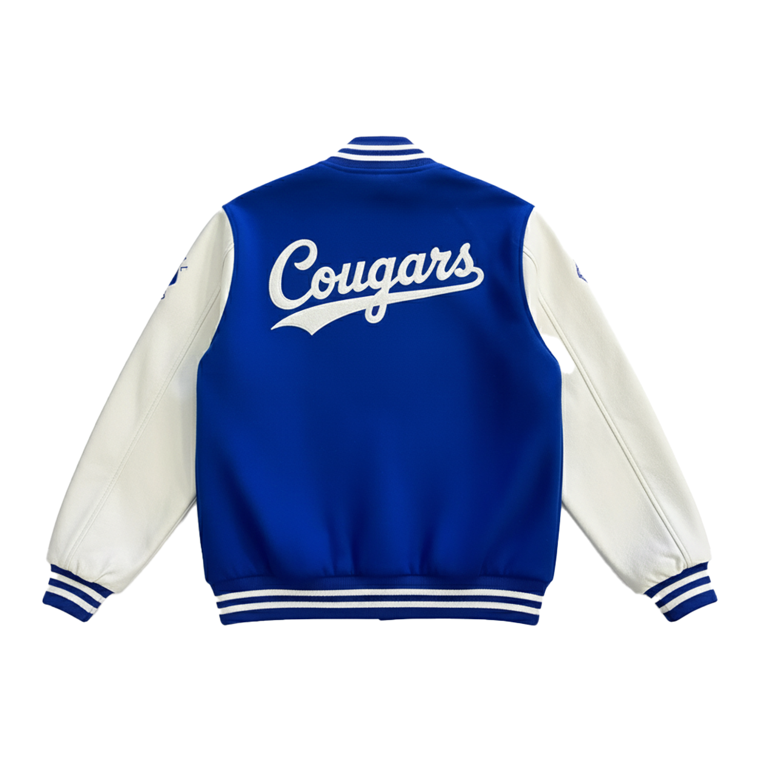 Blue and white varsity jacket with 'Cougars' text on a white background