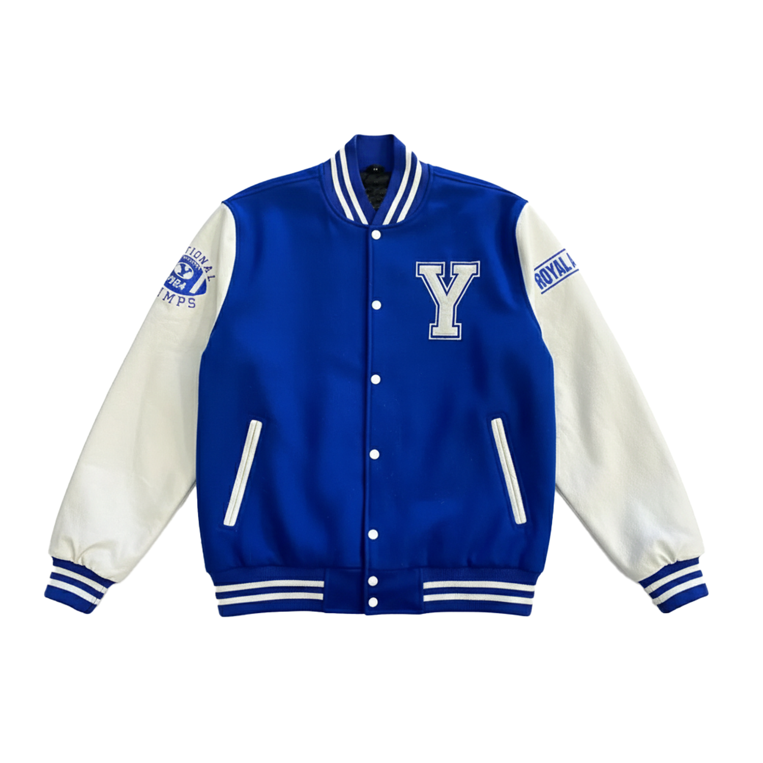 Blue and white varsity jacket with letter 'Y' on a white background