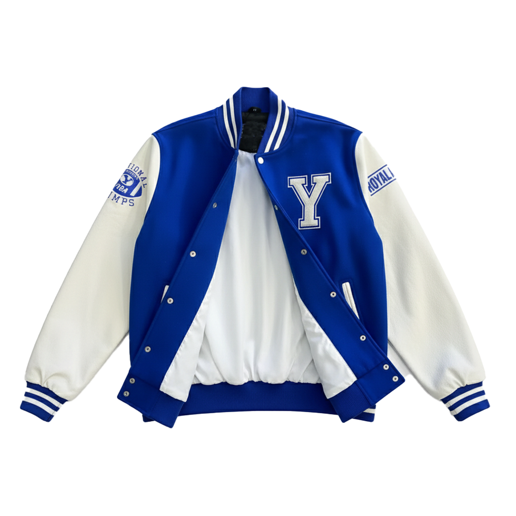 Blue and white varsity jacket with letter 'Y' on a white background