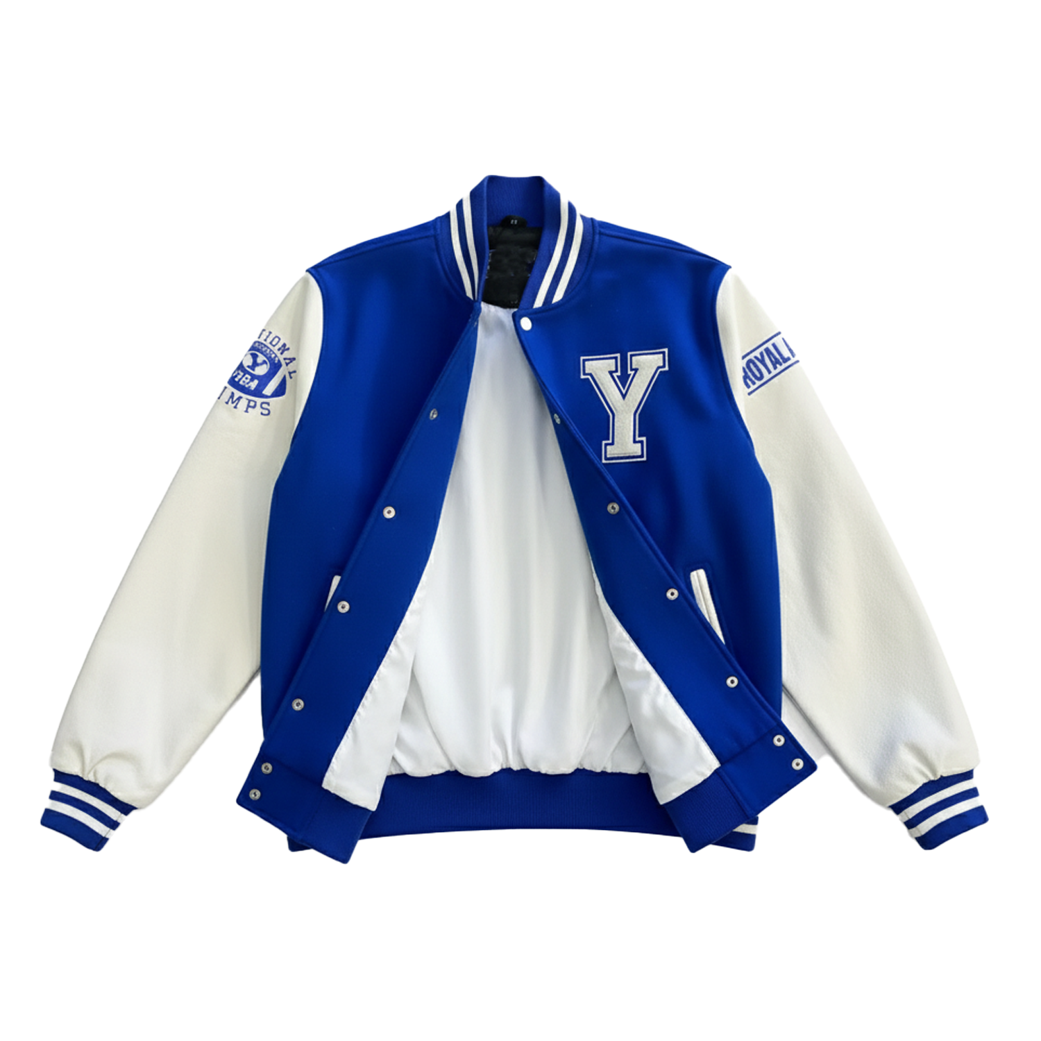Blue and white varsity jacket with letter 'Y' on a white background