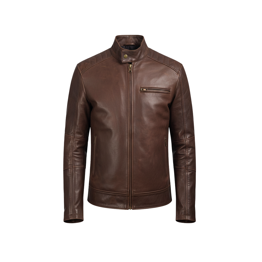 Brown leather jacket on a white background