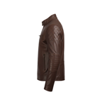 Brown leather jacket with quilted design on a white background