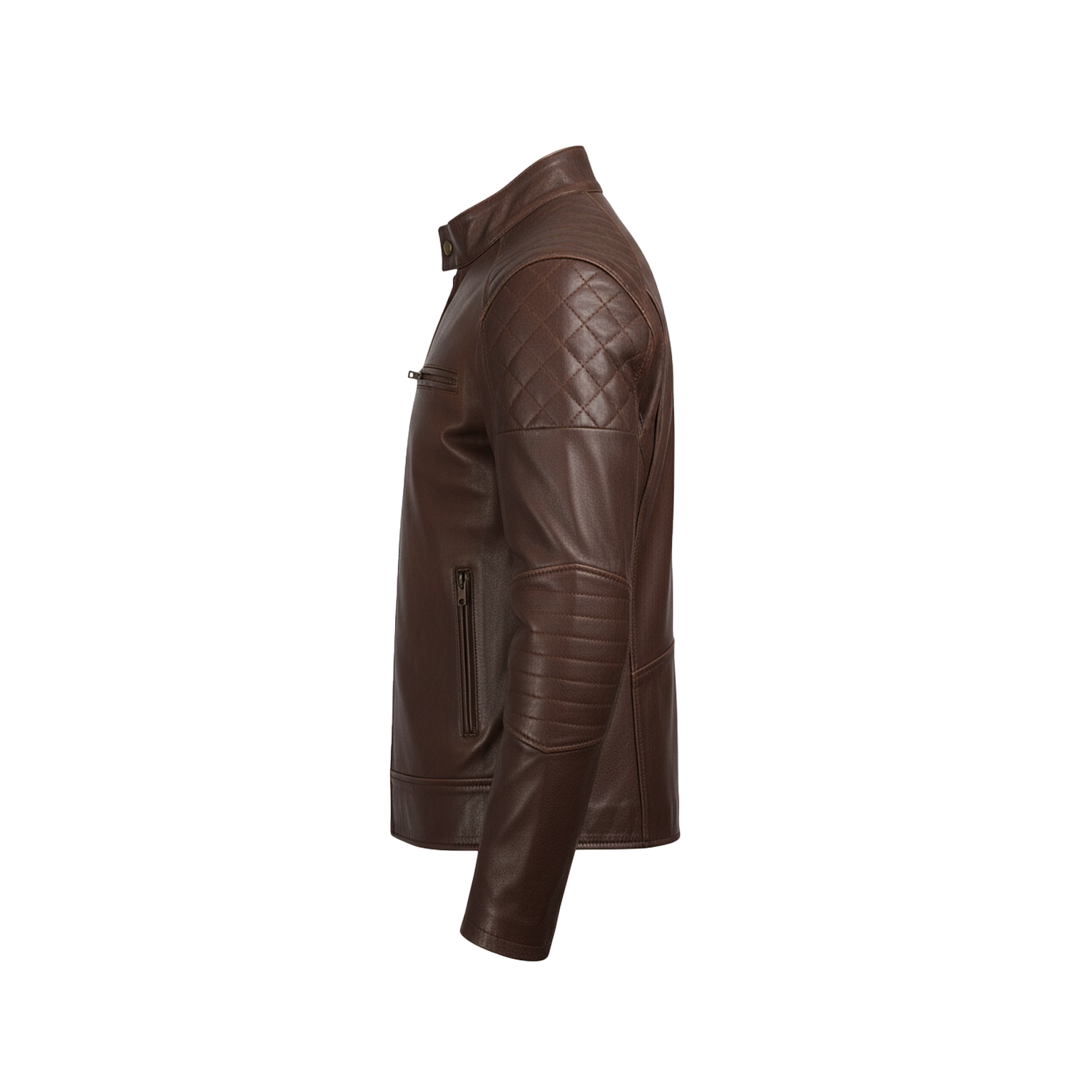 Brown leather jacket with quilted design on a white background