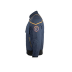 Navy blue jacket with gold accents on a white background