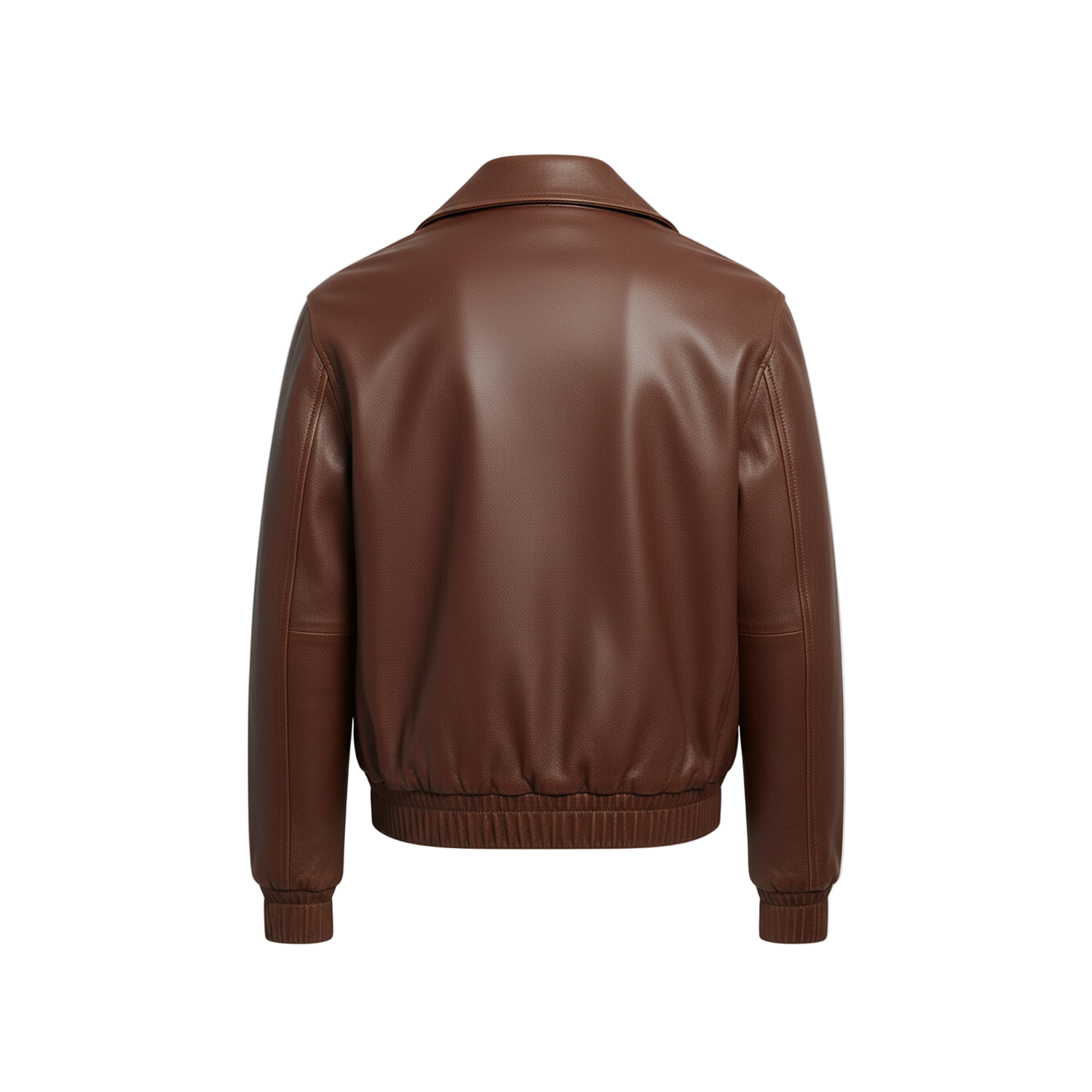 Brown leather jacket on a white background with a brand logo.