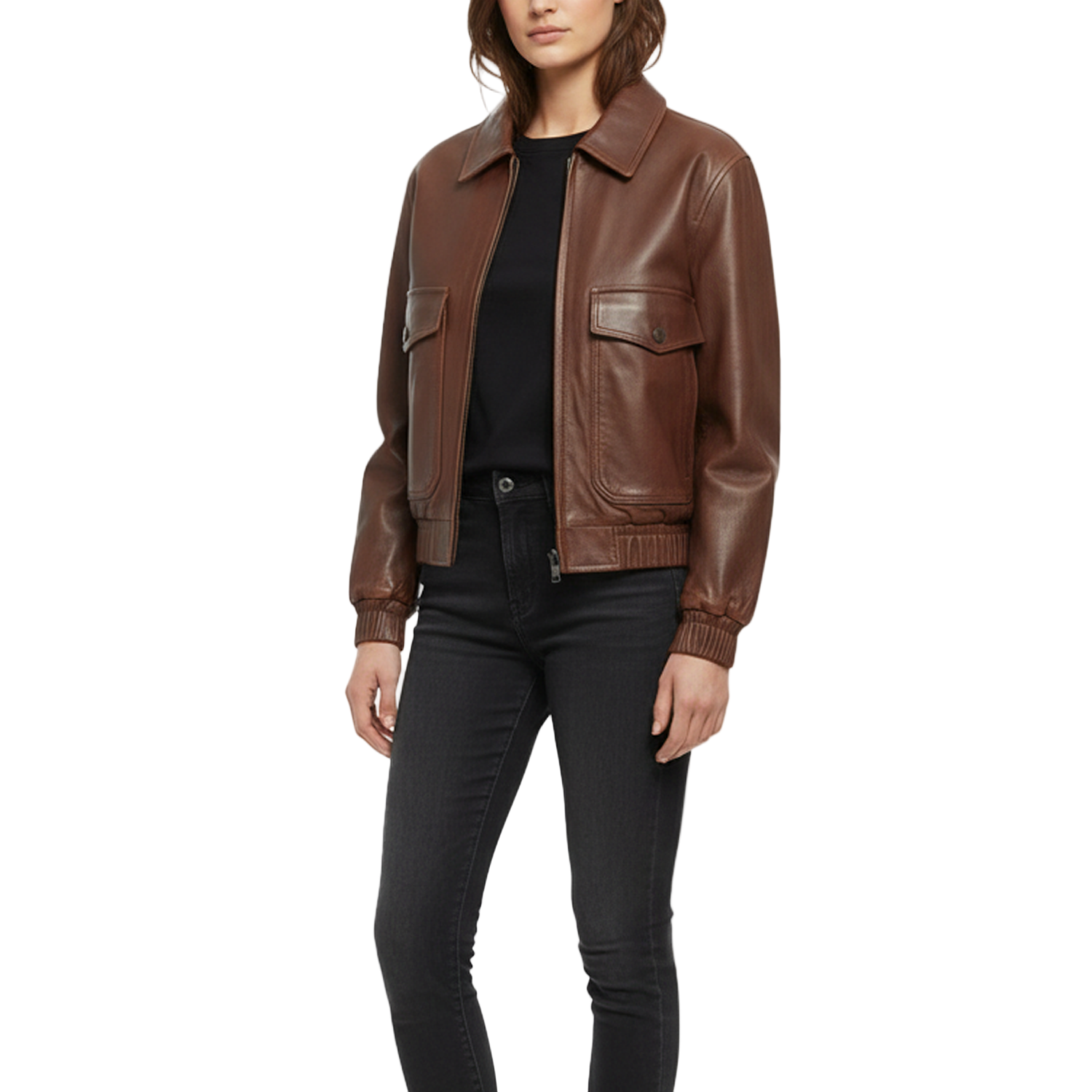 Brown leather jacket worn by a model on a white background