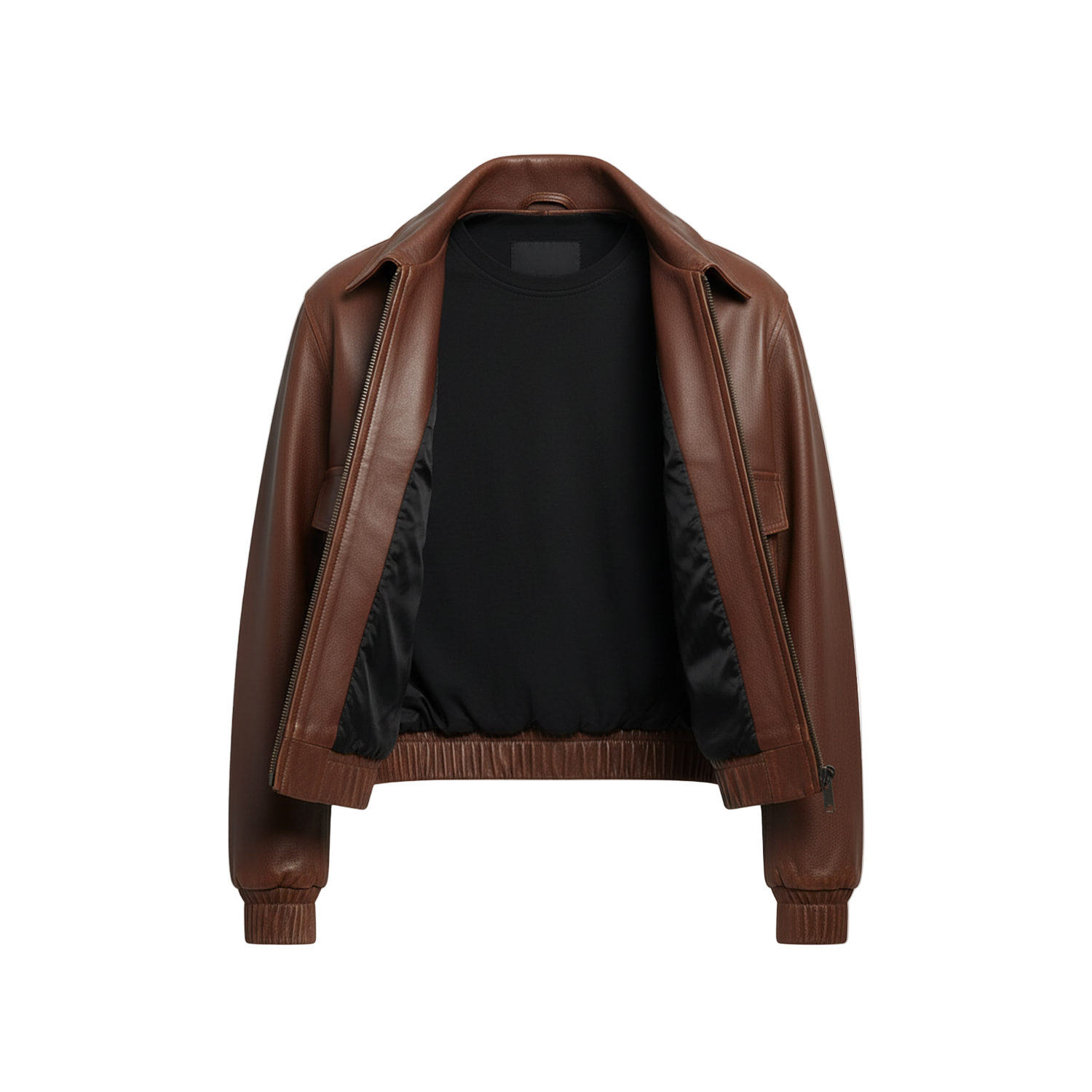 Brown leather jacket on a white background with a brand logo.