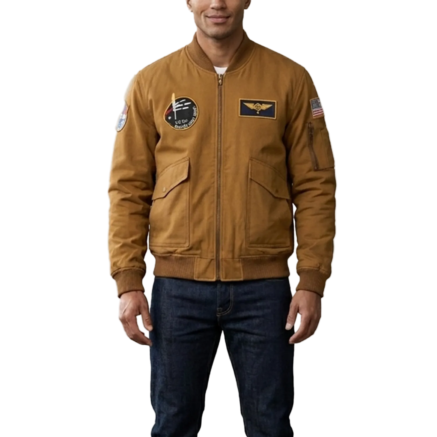 Man wearing a brown jacket with patches on a white background