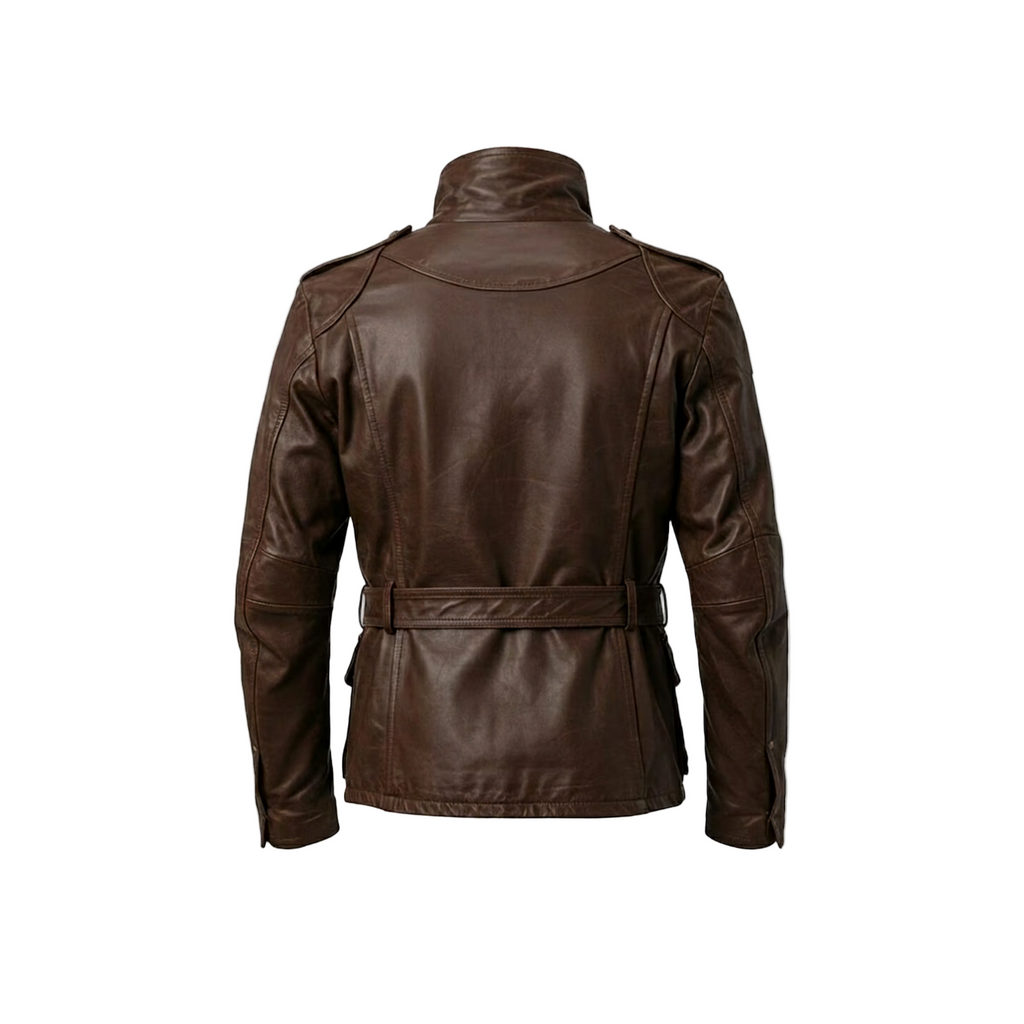 Brown leather jacket on a white background with a brand logo.