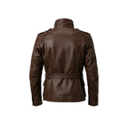 Brown leather jacket on a white background with a brand logo.