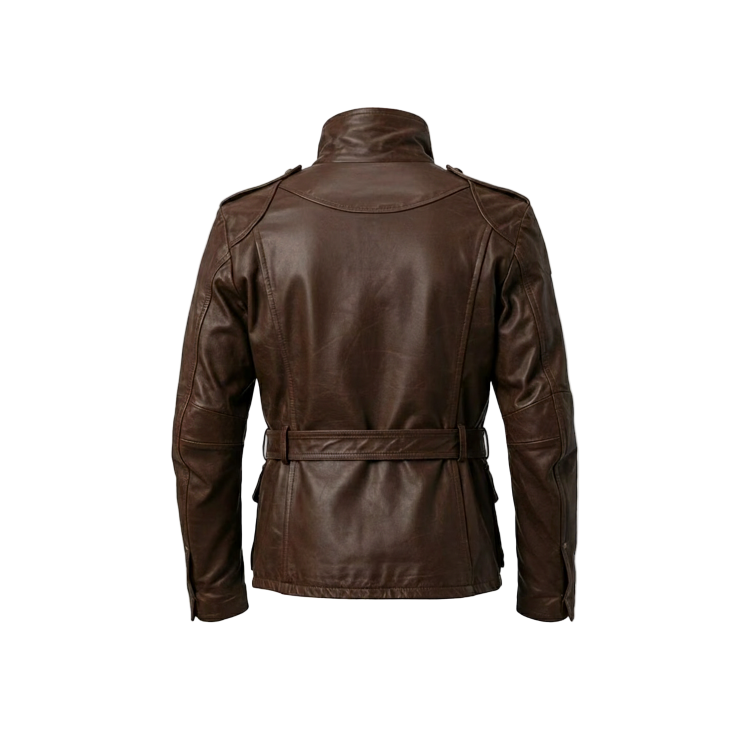 Brown leather jacket on a white background with a brand logo.
