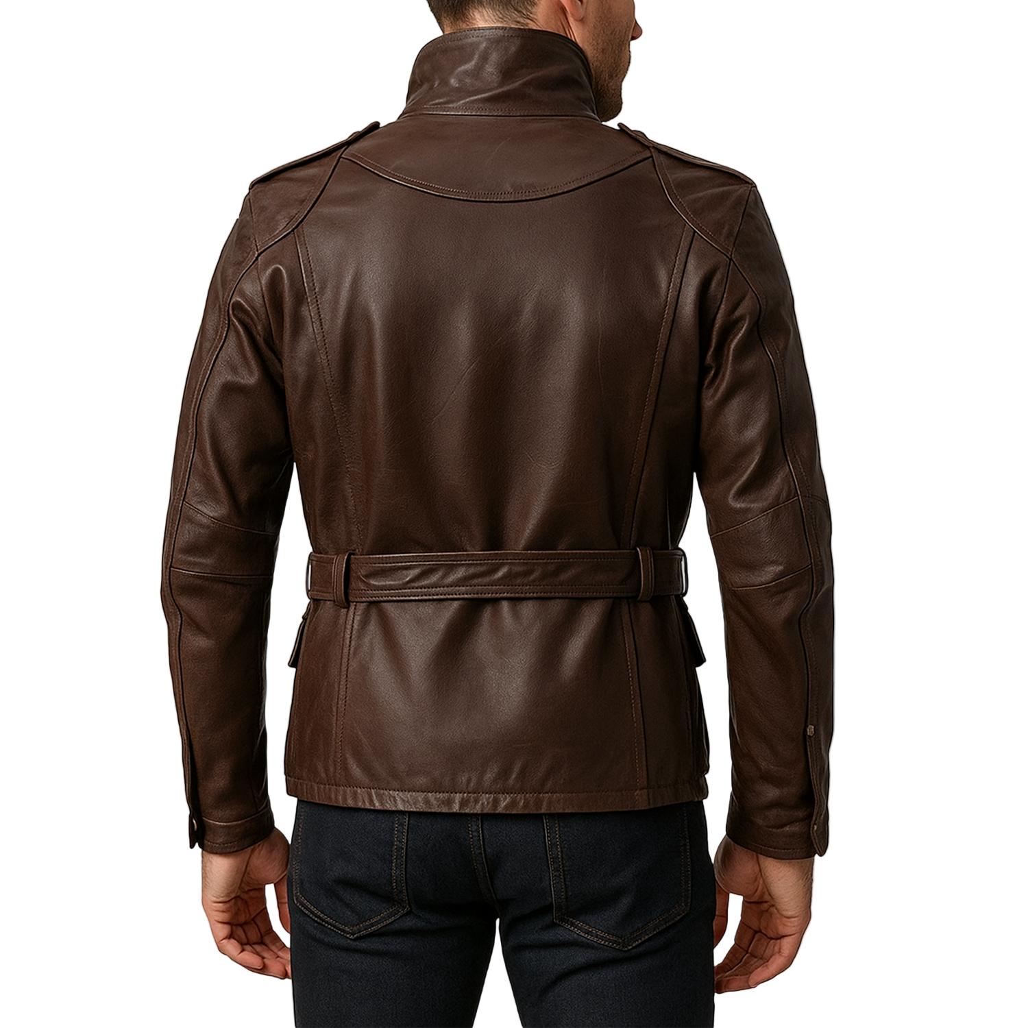 Brown leather jacket worn by a person on a white background