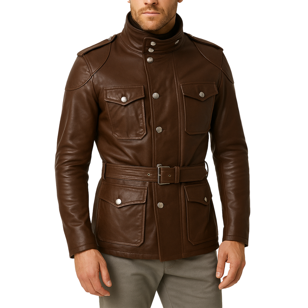 Brown leather jacket with a belt on a white background