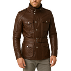 Brown leather jacket with a belt on a white background