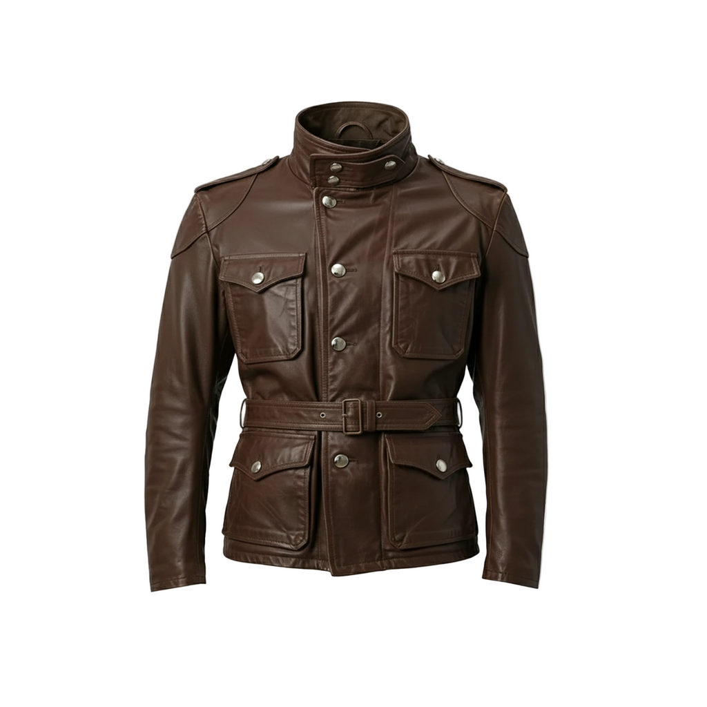 Brown leather jacket with a belt on a white background