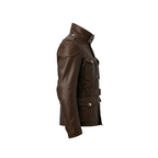 Brown leather jacket on a white background with a brand logo.