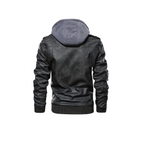 Black leather jacket with gray hood on a white background