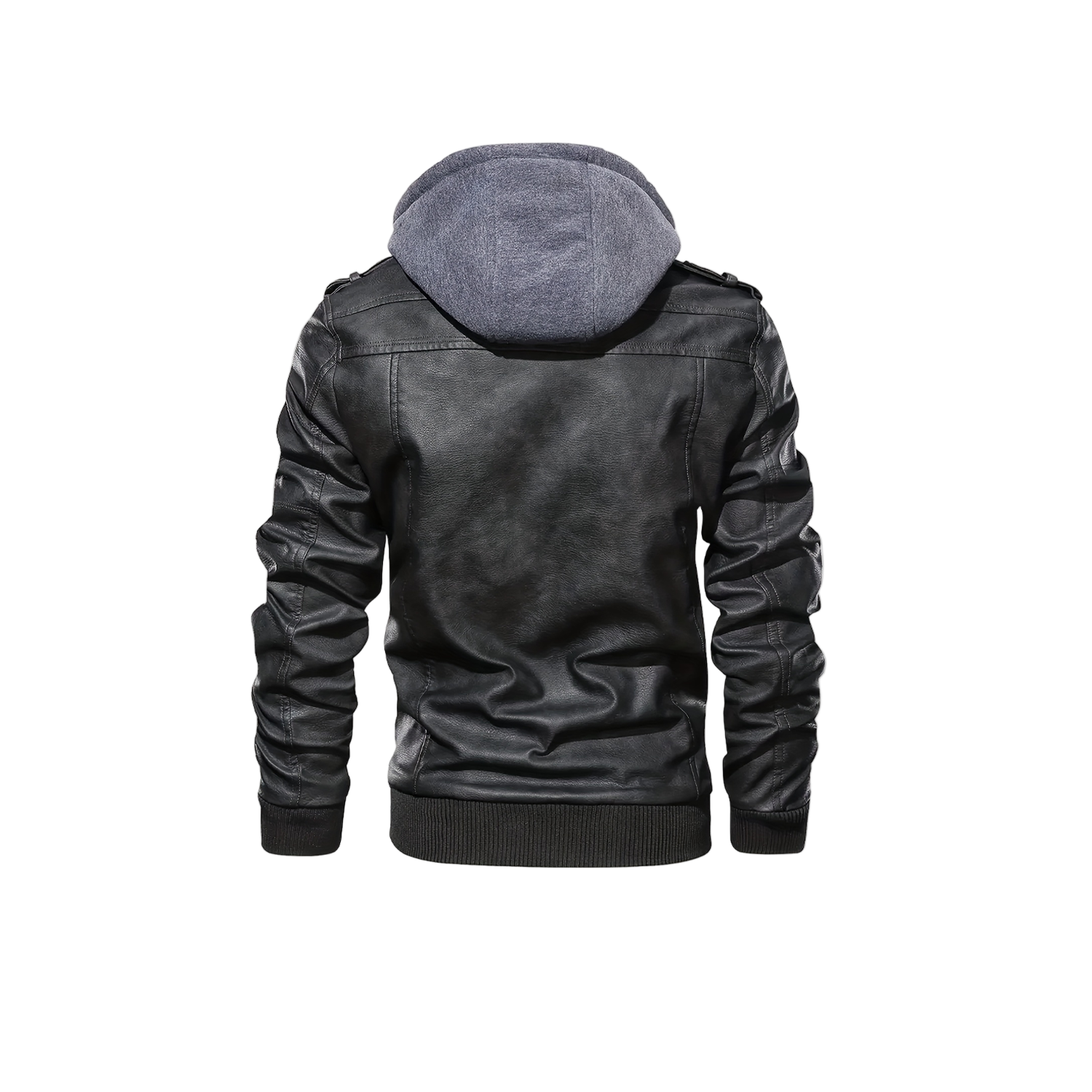 Black leather jacket with gray hood on a white background
