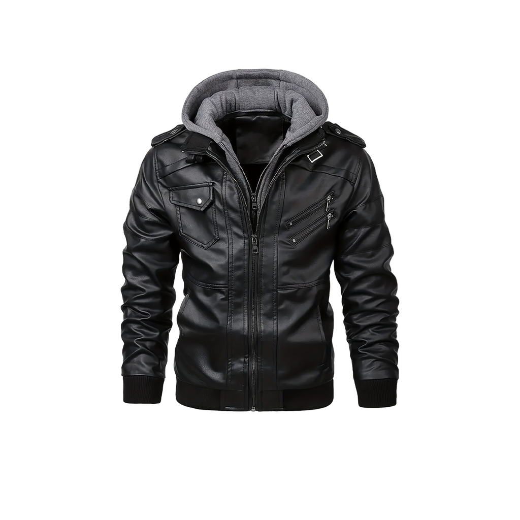 Black leather jacket with gray hood on a white background