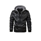 Black leather jacket with gray hood on a white background