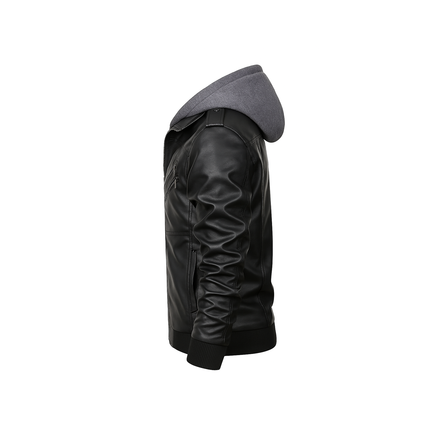 Black leather jacket with gray hood on a white background