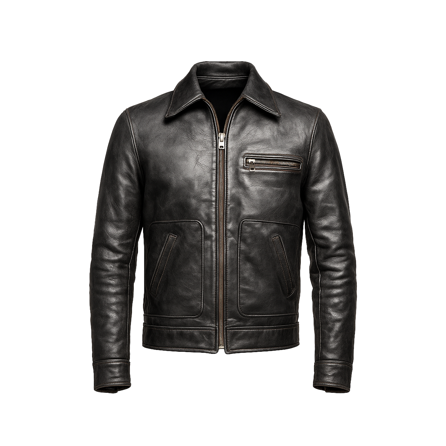 Black leather biker jacket for men inspired by Jeremy Allen White, featuring a front zipper, shirt-style collar, and chest pocket
