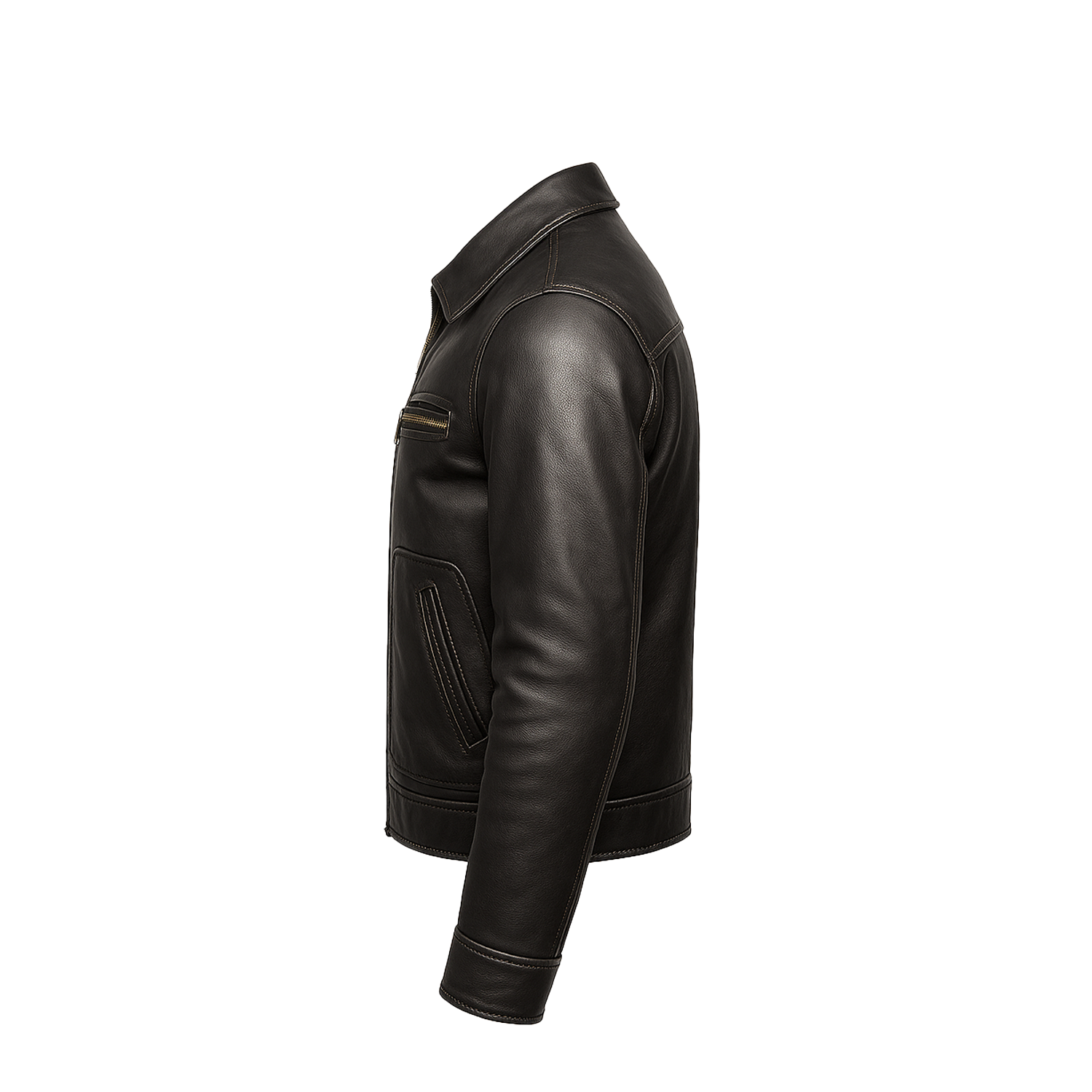 Black leather biker jacket for men inspired by Jeremy Allen White, featuring a front zipper, shirt-style collar, and chest pocket
