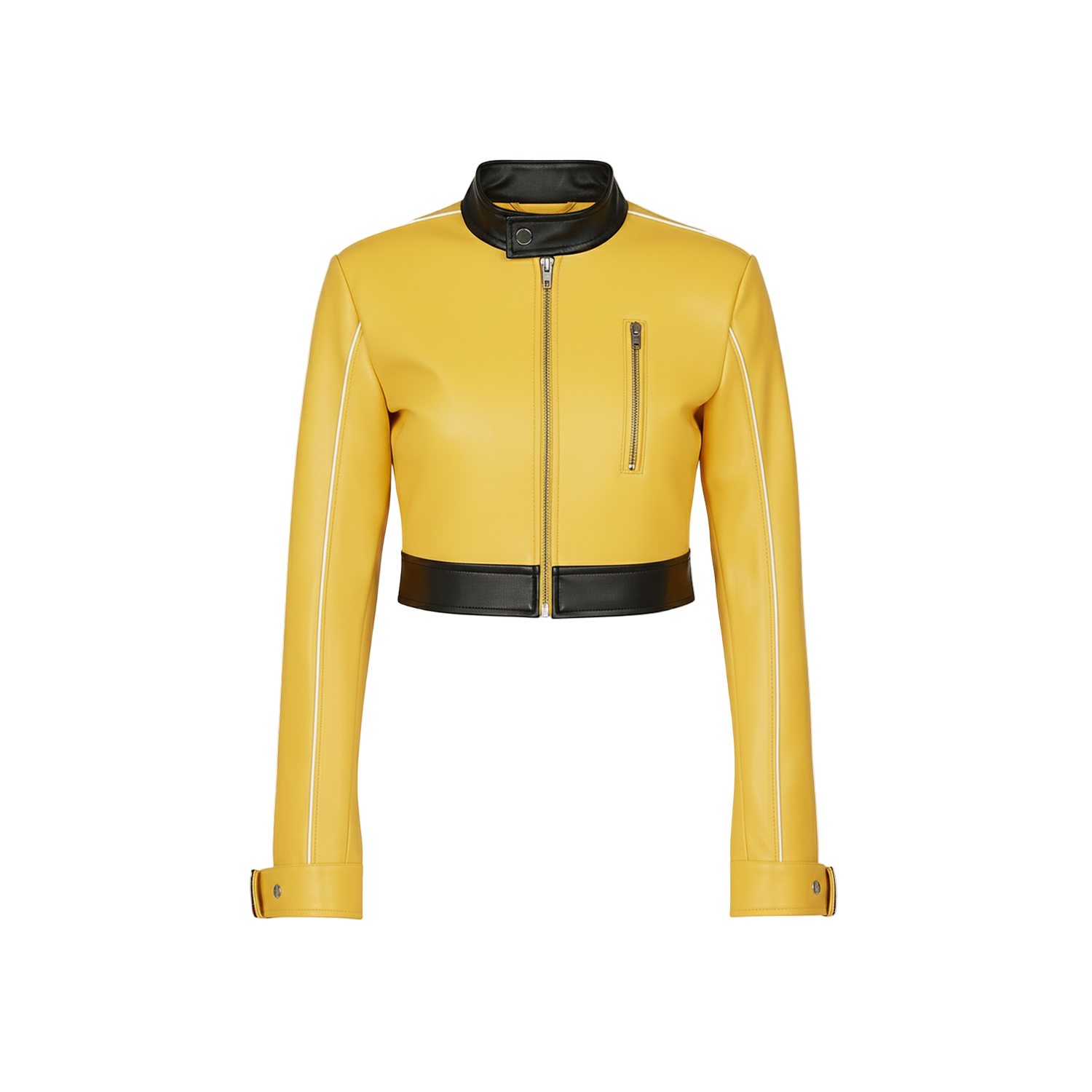 Yellow leather jacket with black accents on a white background