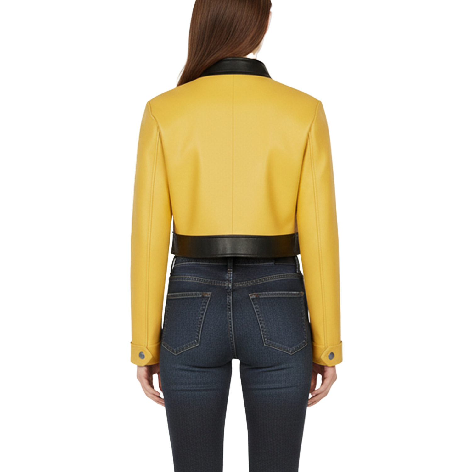 Yellow leather jacket worn by a person on a white background