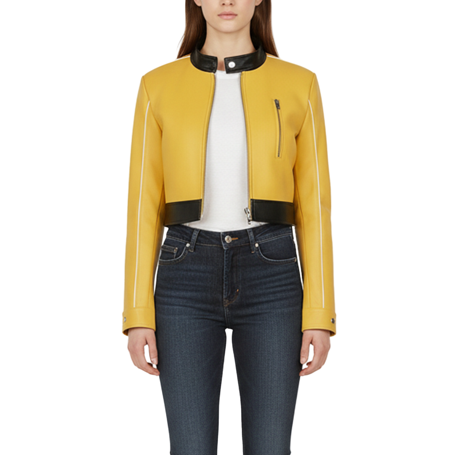 Yellow jacket with black accents worn by a person on a white background