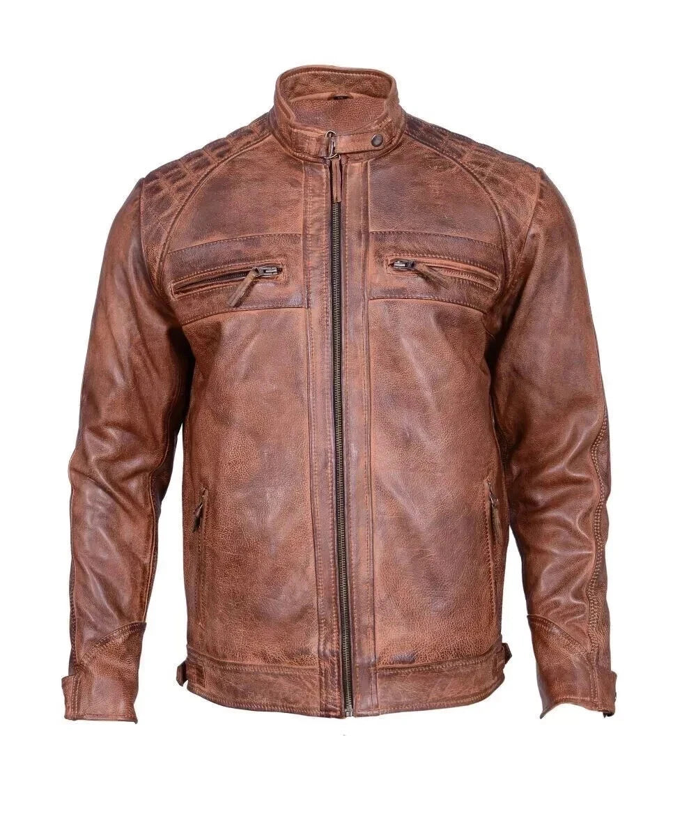 MENS REAL LEATHER BIKER JACKET VINTAGE MOTORCYCLE BROWN RETRO STYLE