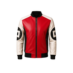 Red and beige leather jacket with black accents on a white background