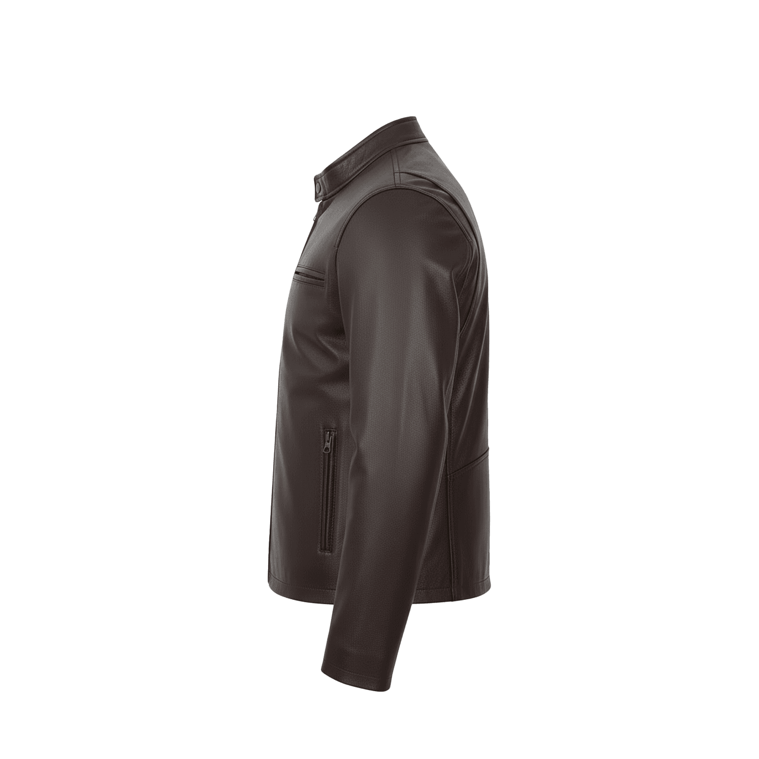 Side view of a dark brown leather jacket on a white background