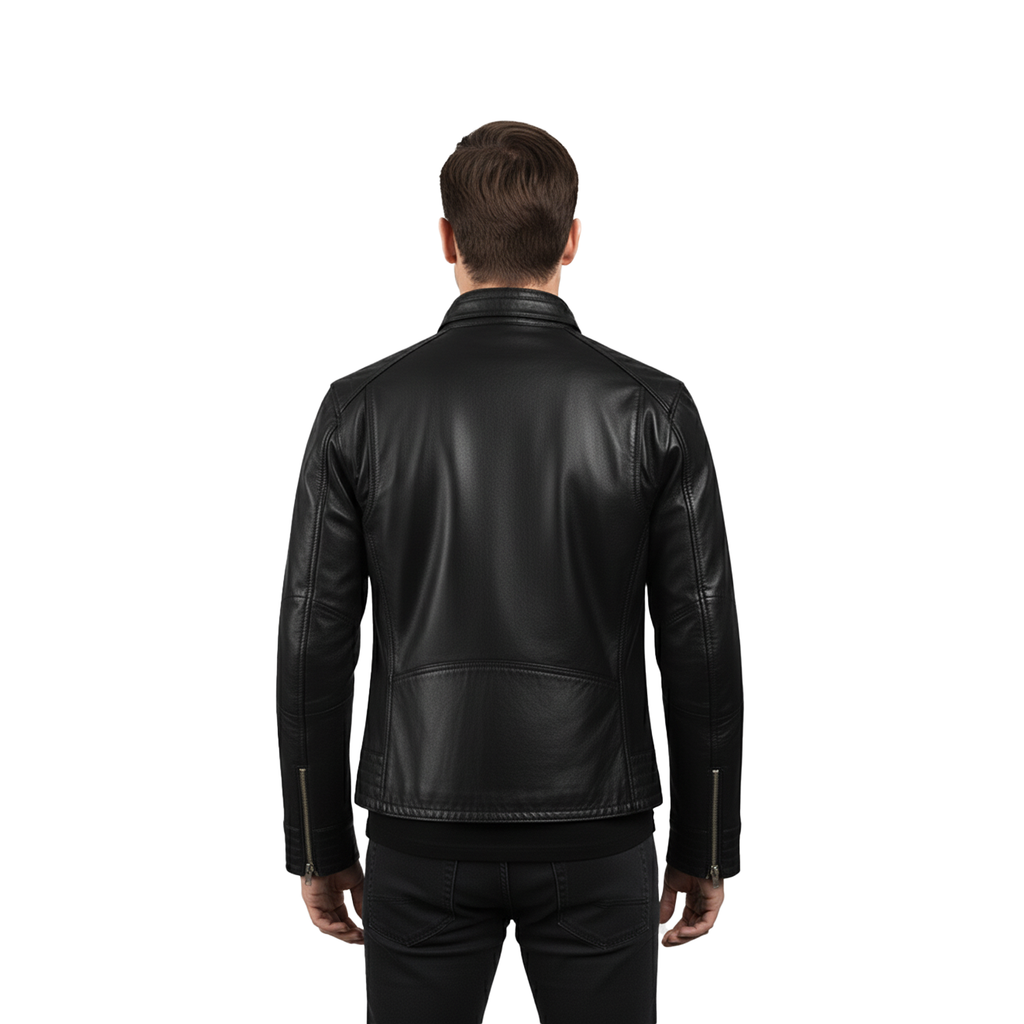 Men's Legacy Black Genuine Leather Biker Jacket with front zipper, snap-tab collar, and slim fit design