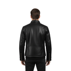 Men's Legacy Black Genuine Leather Biker Jacket with front zipper, snap-tab collar, and slim fit design