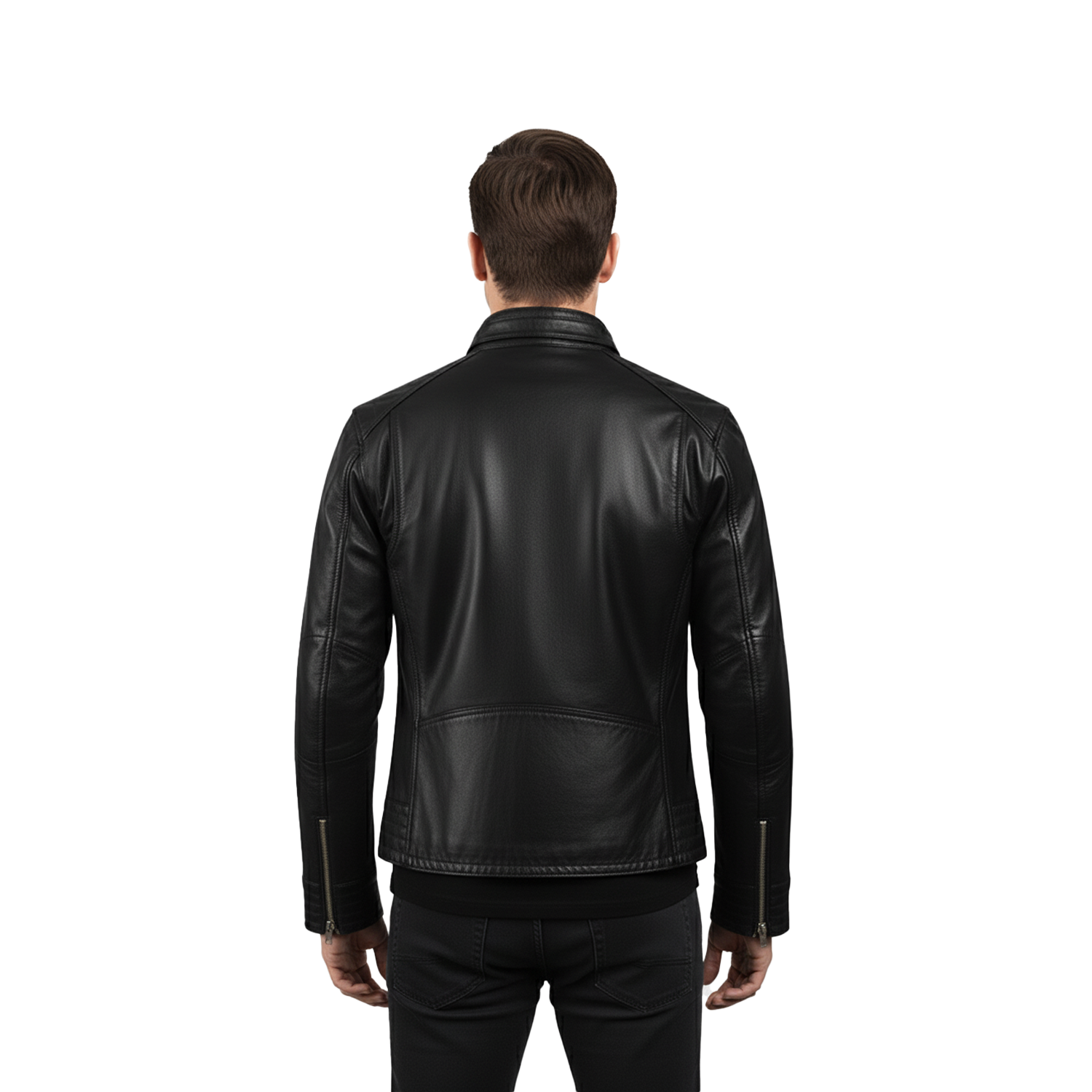 Men's Legacy Black Genuine Leather Biker Jacket with front zipper, snap-tab collar, and slim fit design
