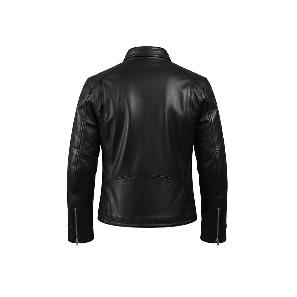 Men's Legacy Black Genuine Leather Biker Jacket with front zipper, snap-tab collar, and slim fit design