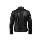 Men's Legacy Black Genuine Leather Biker Jacket with front zipper, snap-tab collar, and slim fit design