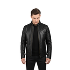Men's Legacy Black Genuine Leather Biker Jacket with front zipper, snap-tab collar, and slim fit design