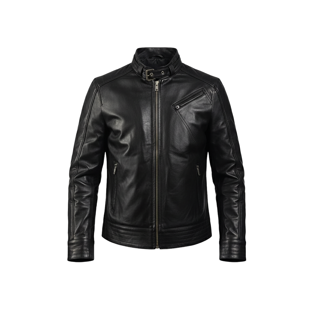 Men's Legacy Black Genuine Leather Biker Jacket with front zipper, snap-tab collar, and slim fit design