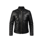 Men's Legacy Black Genuine Leather Biker Jacket with front zipper, snap-tab collar, and slim fit design