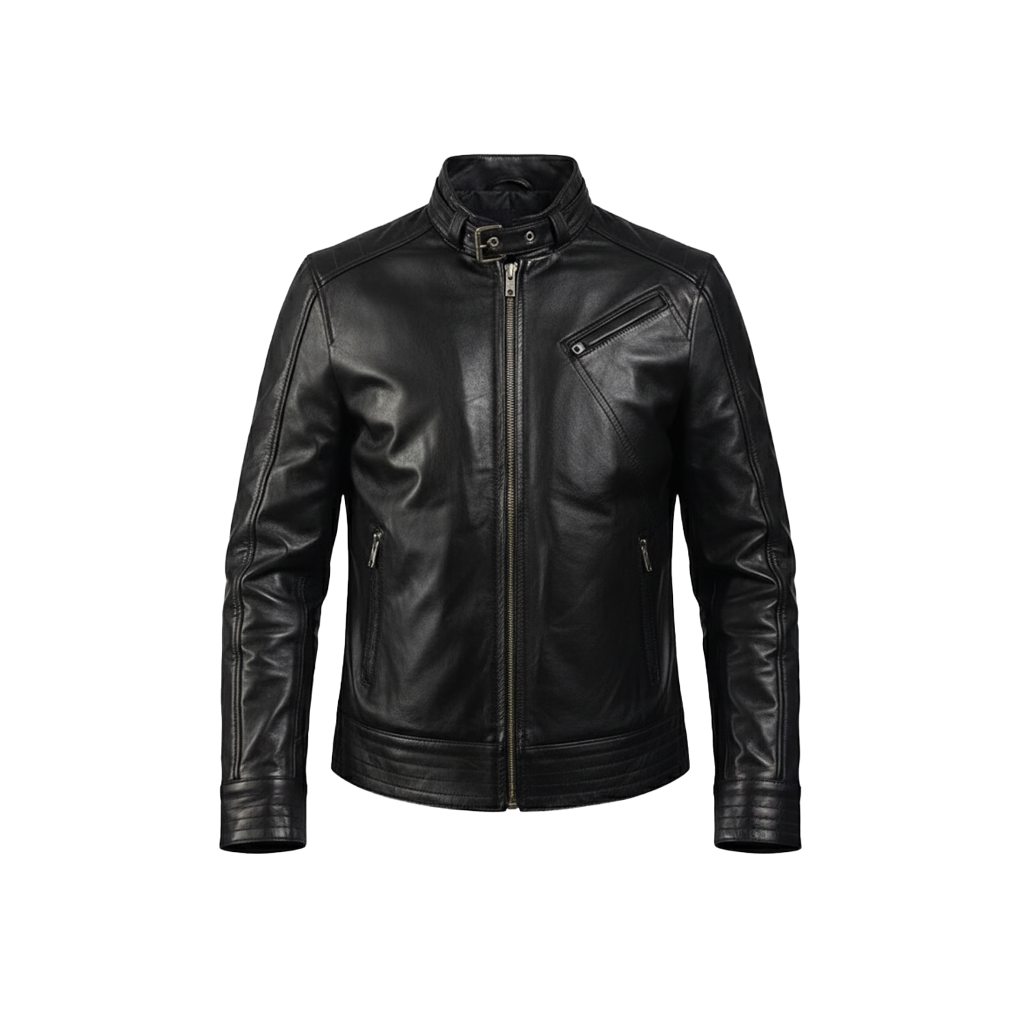 Men's Legacy Black Genuine Leather Biker Jacket with front zipper, snap-tab collar, and slim fit design