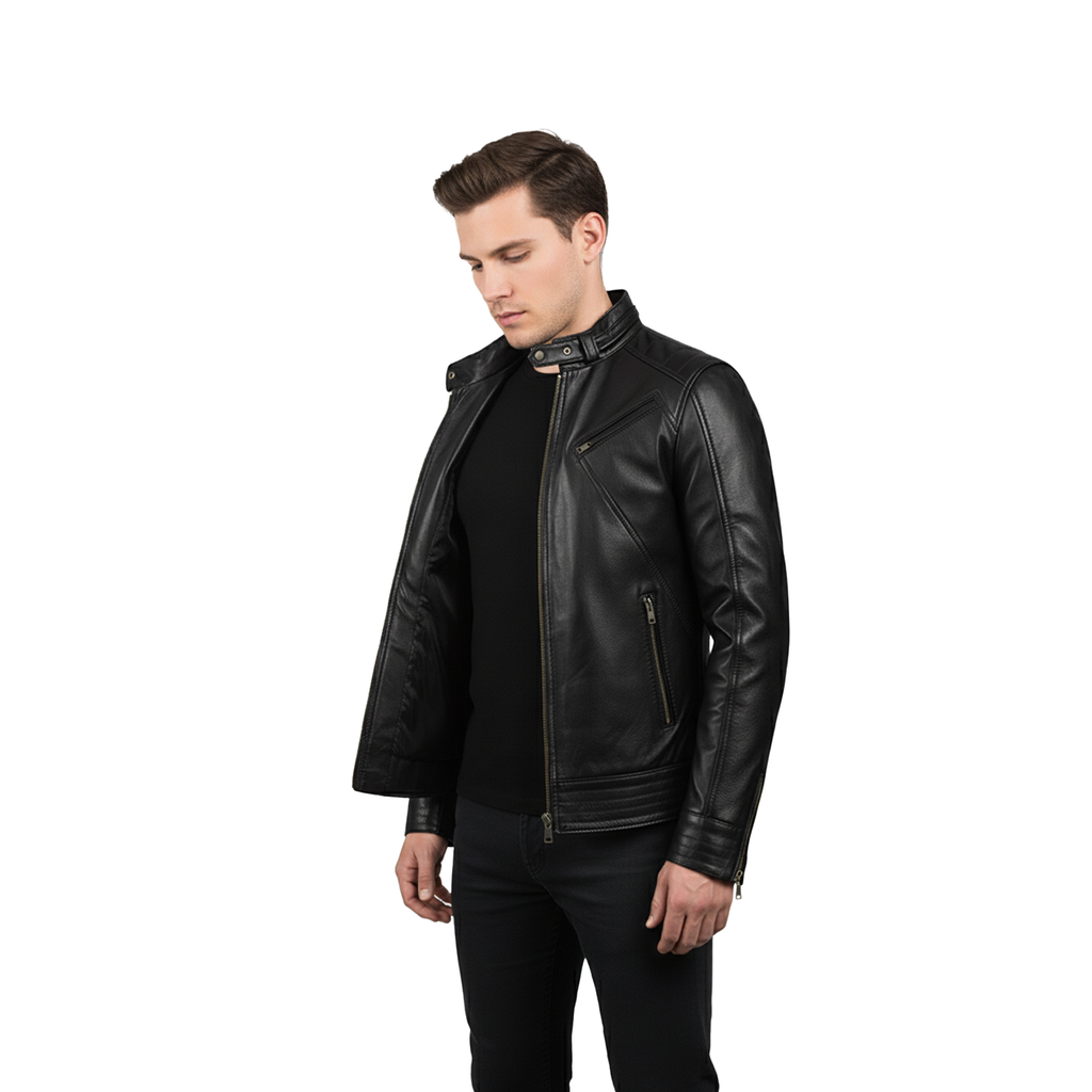 Men's Legacy Black Genuine Leather Biker Jacket with front zipper, snap-tab collar, and slim fit design